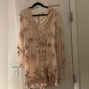 Charlotte Russe Blush Sequin Long Sleeve Romper